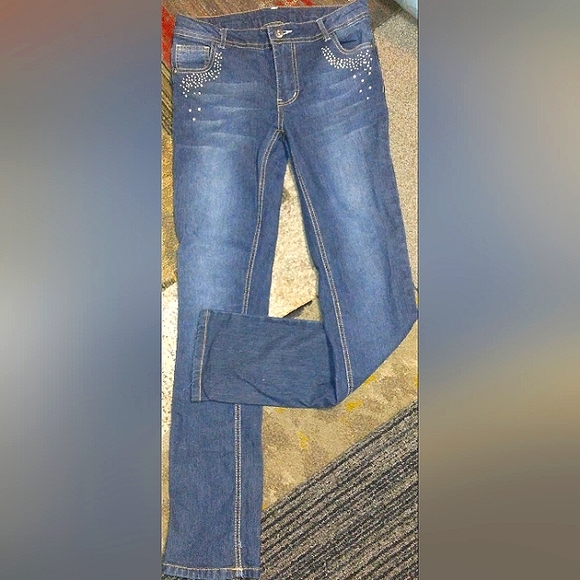 GUC Girls FADED GLORY Studded/Bedazzled Dark Wash Skinny Straight Jeans~Sz 14 1 - Picture 2 of 13